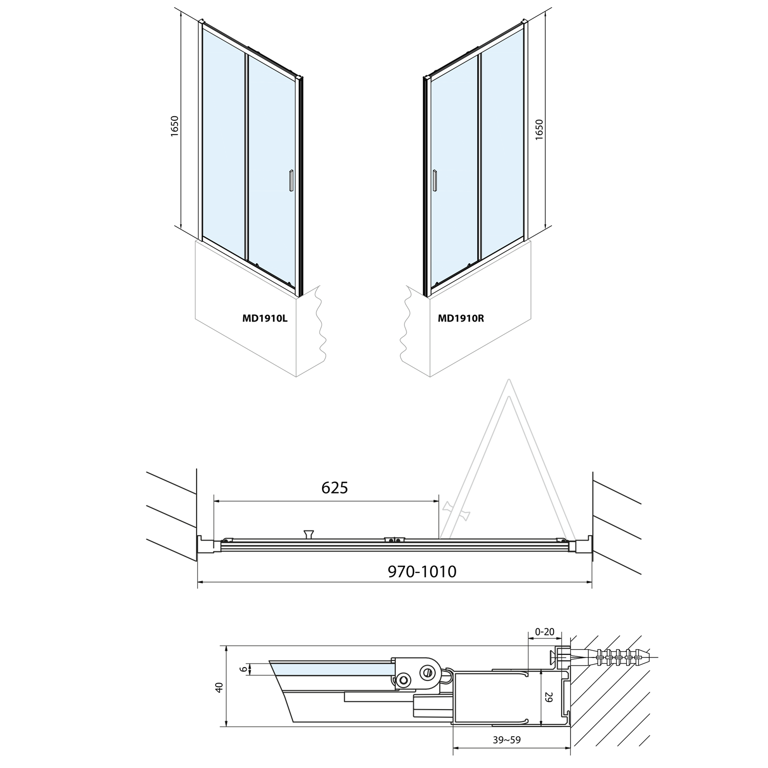 Polysan DEEP sprchové dveře skládací 1000x1650mm, čiré sklo, technický nákres