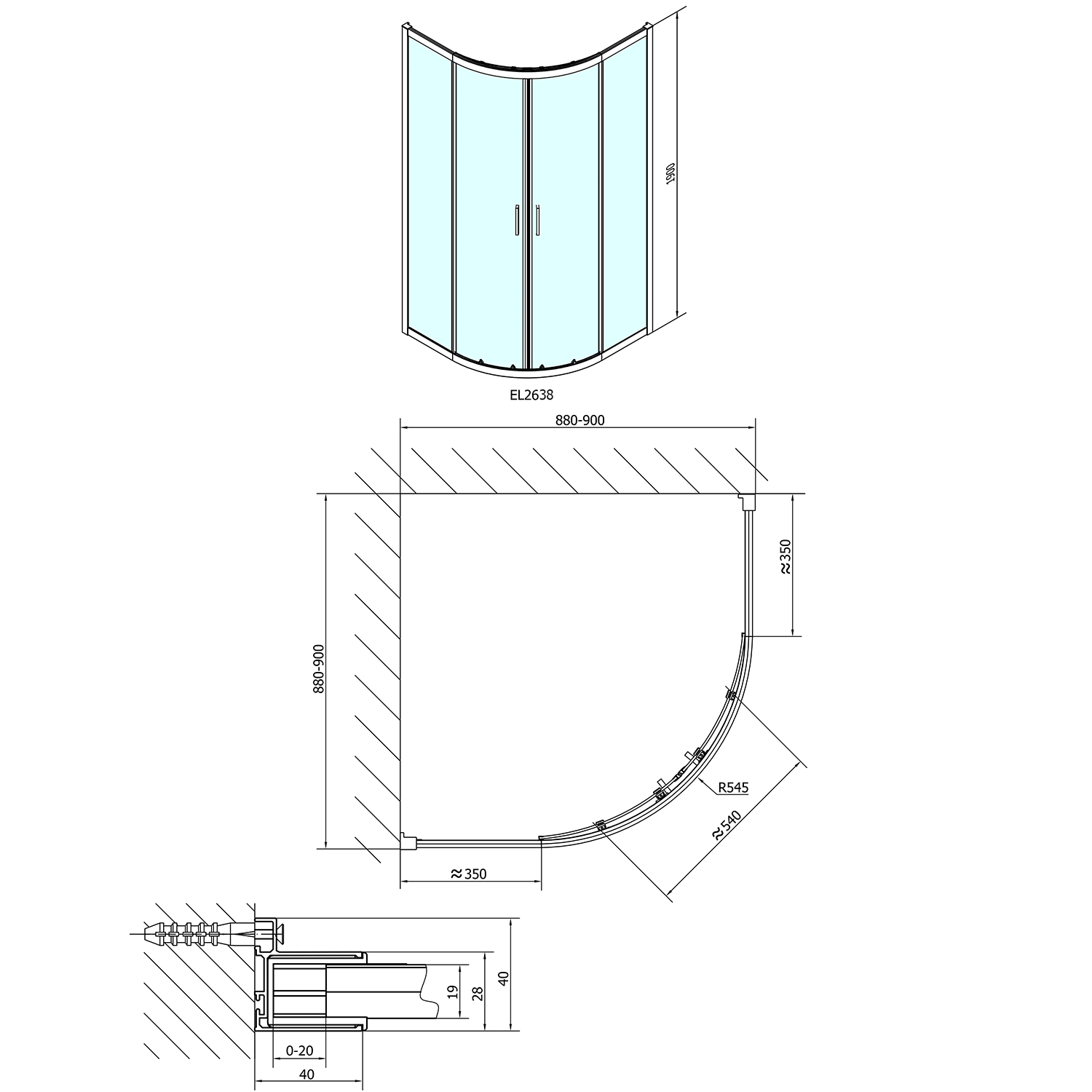 Polysan EASY čtvrtkruhová sprchová zástěna 900x900mm, sklo Brick, technický nákres
