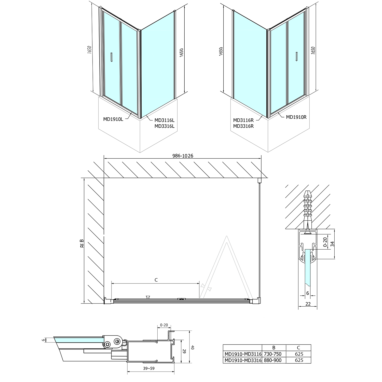Polysan DEEP obdélníkový sprchový kout 1000x750mm L/P varianta, čiré sklo, technický nákres