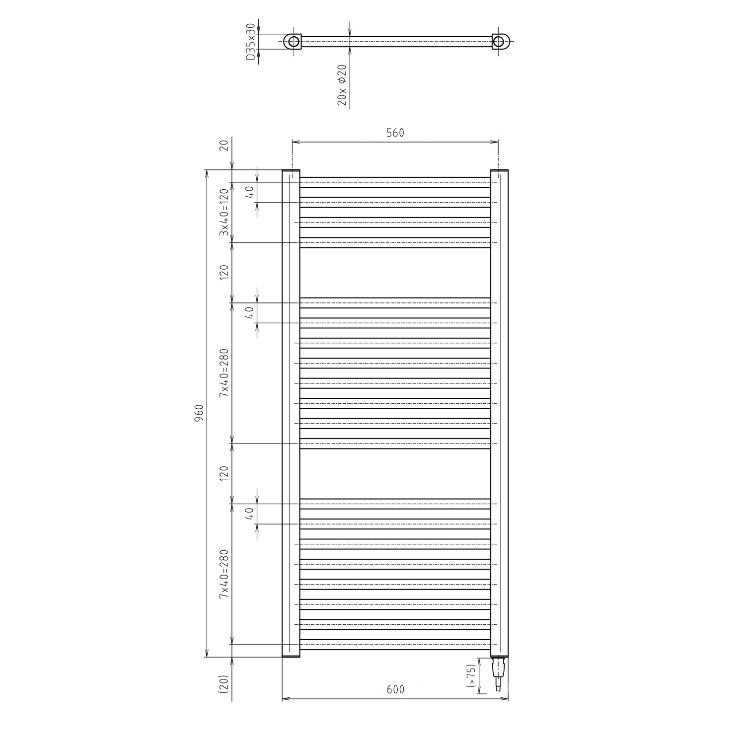 Aqualine DIRECT-E elektrické otopné těleso rovné 600x960 mm, 400 W, bílá, technický nákres
