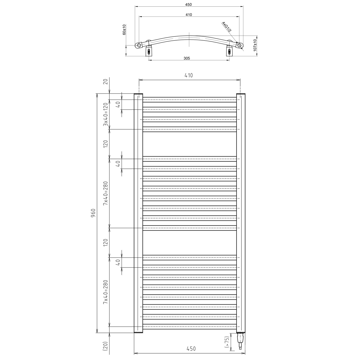 Aqualine ORBIT-E elektrické otopné těleso oblé 450x960 mm, 300 W, bílá, technický nákres