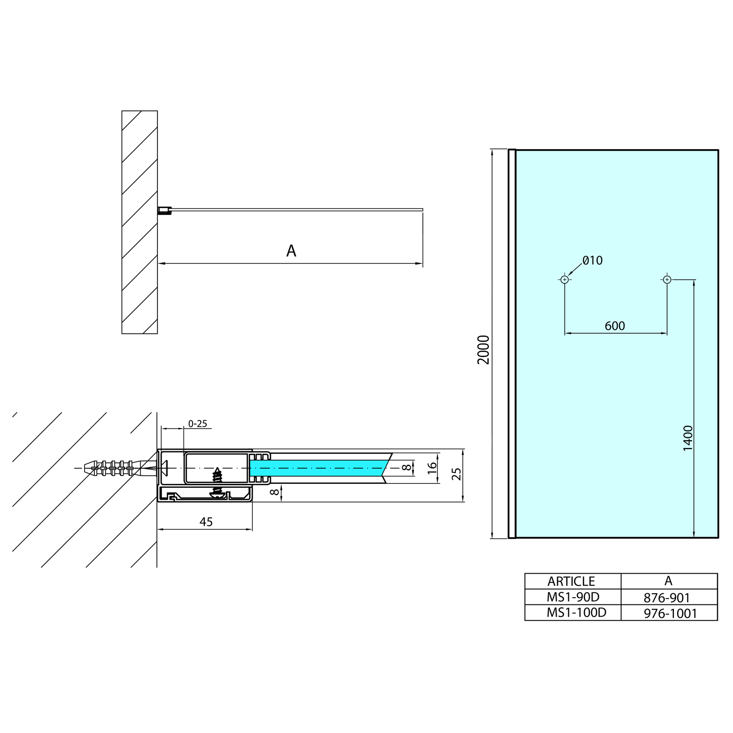 Polysan MODULAR SHOWER jednodílná zástěna pevná k instalaci na zeď, s otvory na držák ručníků, 900 mm, technický nákres