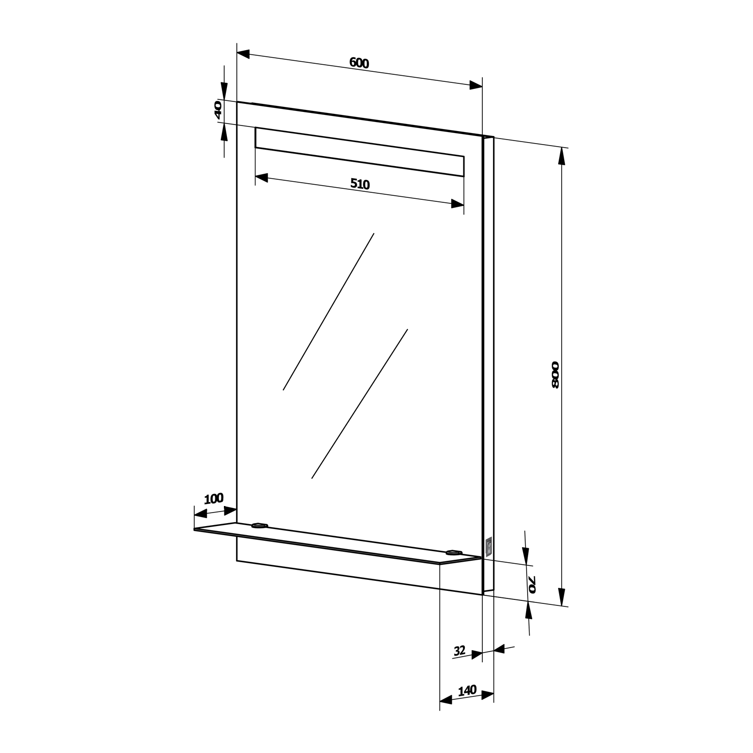 Aqualine Zrcadlo s LED osvětlením a policí 60x80cm, kolébkový vypínač, technický nákres