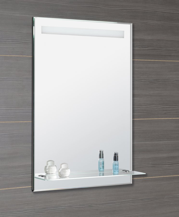 Aqualine Zrcadlo s LED osvětlením a policí 60x80cm, kolébkový vypínač, na stěně s policí