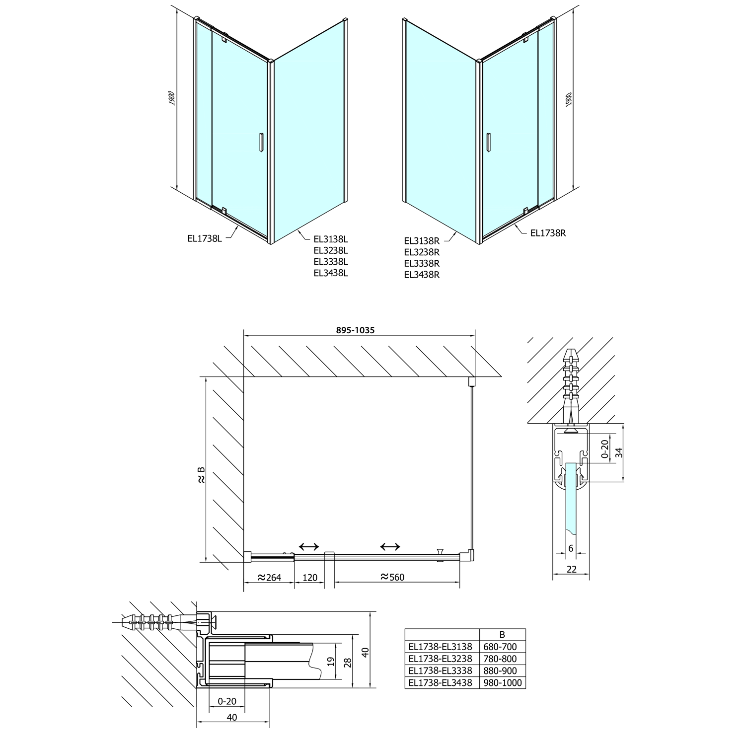 Polysan EASY obdélníkový sprchový kout pivot dveře 900-1000x700mm L/P varianta, sklo Brick, technický nákres