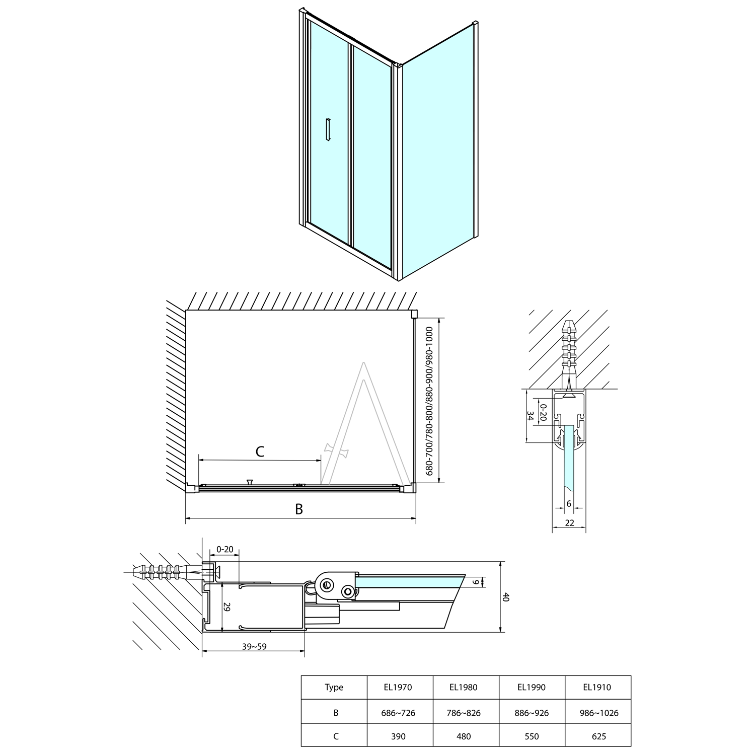 Polysan EASY obdélníkový sprchový kout 800x900mm, skládací dveře, L/P varianta, čiré sklo, technický nákres