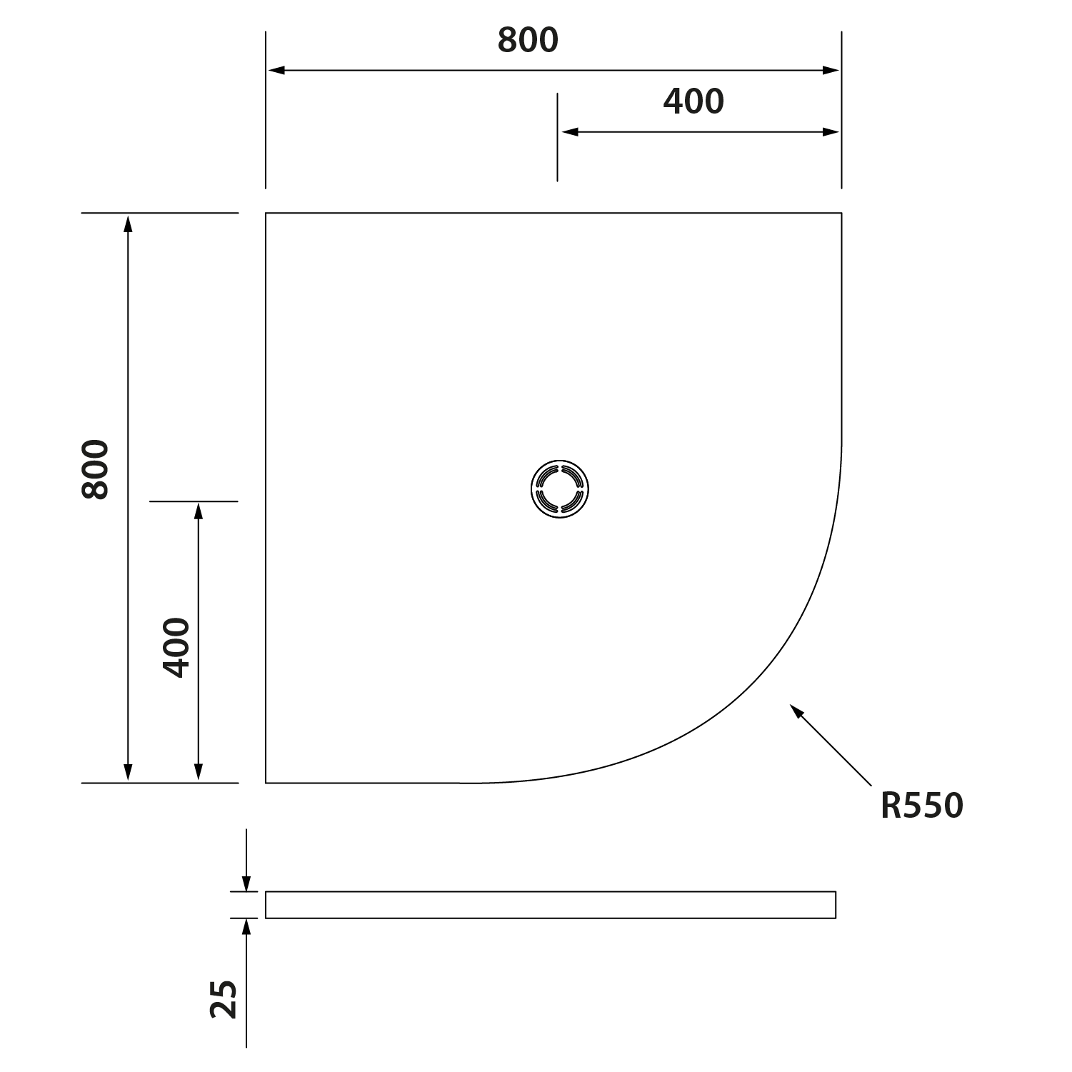 Polysan FLEXIA vanička z litého mramoru čtvrtkruh, s možností úpravy rozměru, 80x80cm, R550, technický nákres
