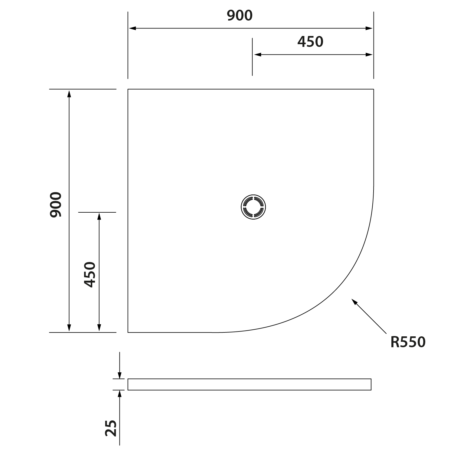 Polysan FLEXIA vanička z litého mramoru čtvrtkruh, s možností úpravy rozměru, 90x90cm, R550, technický nákres