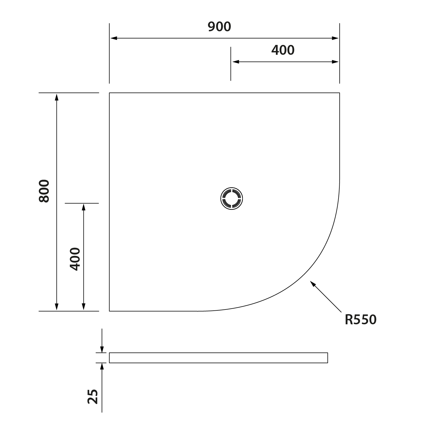 Polysan FLEXIA vanička z litého mramoru čtvrtkruh, s možností úpravy rozměru, 90x80cm, R550, levá, technický nákres