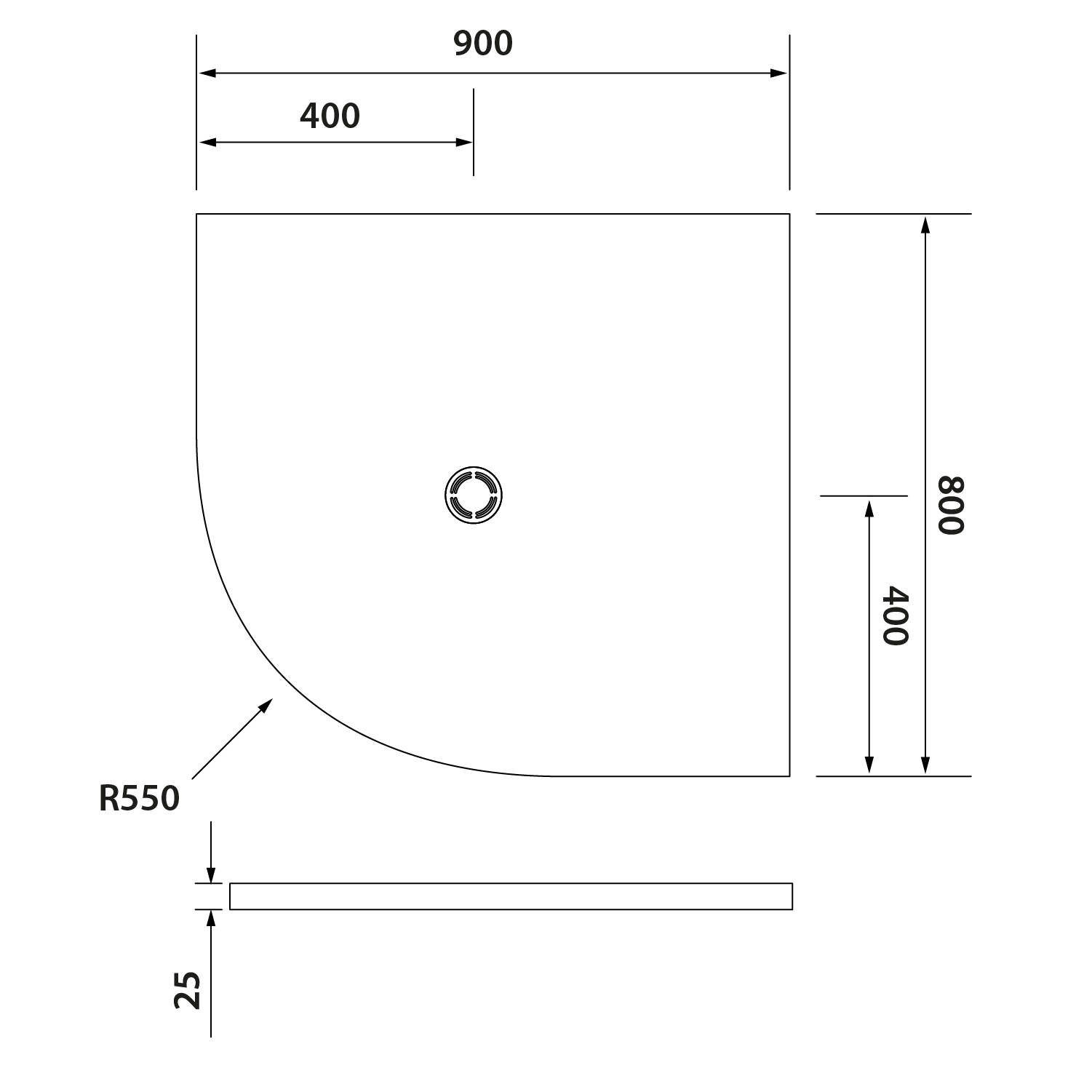 Polysan FLEXIA vanička z litého mramoru čtvrtkruh, s možností úpravy rozměru, 90x80cm, R550, pravá, technický nákres