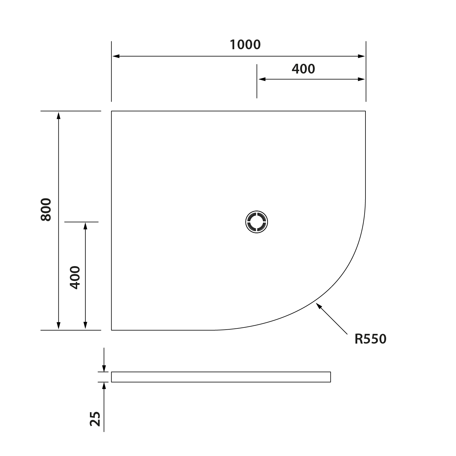 Polysan FLEXIA vanička z litého mramoru čtvrtkruh, s možností úpravy rozměru, 100x80cm, R550, levá, technický nákres