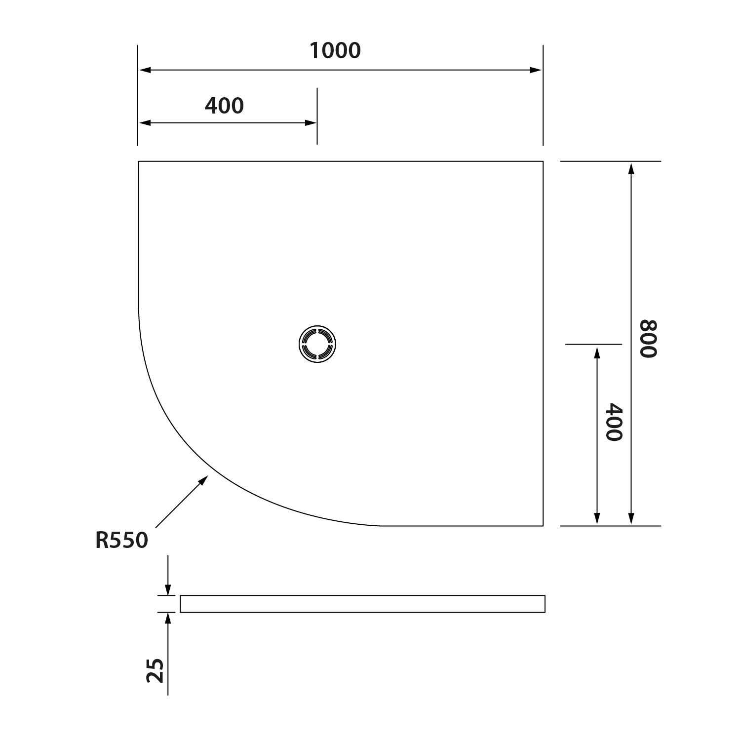 Polysan FLEXIA vanička z litého mramoru čtvrtkruh, s možností úpravy rozměru, 100x80cm, R550, pravá, technický nákres