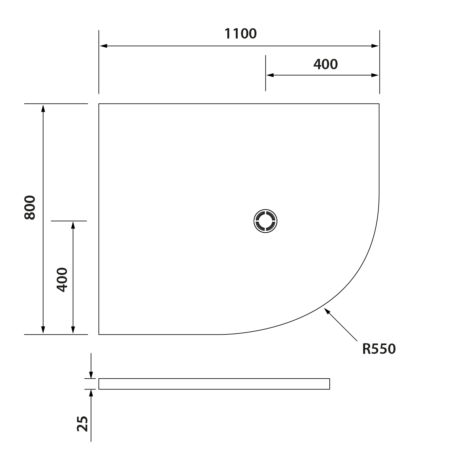Polysan FLEXIA vanička z litého mramoru čtvrtkruh, s možností úpravy rozměru, 110x80cm, R550, levá, technický nákres