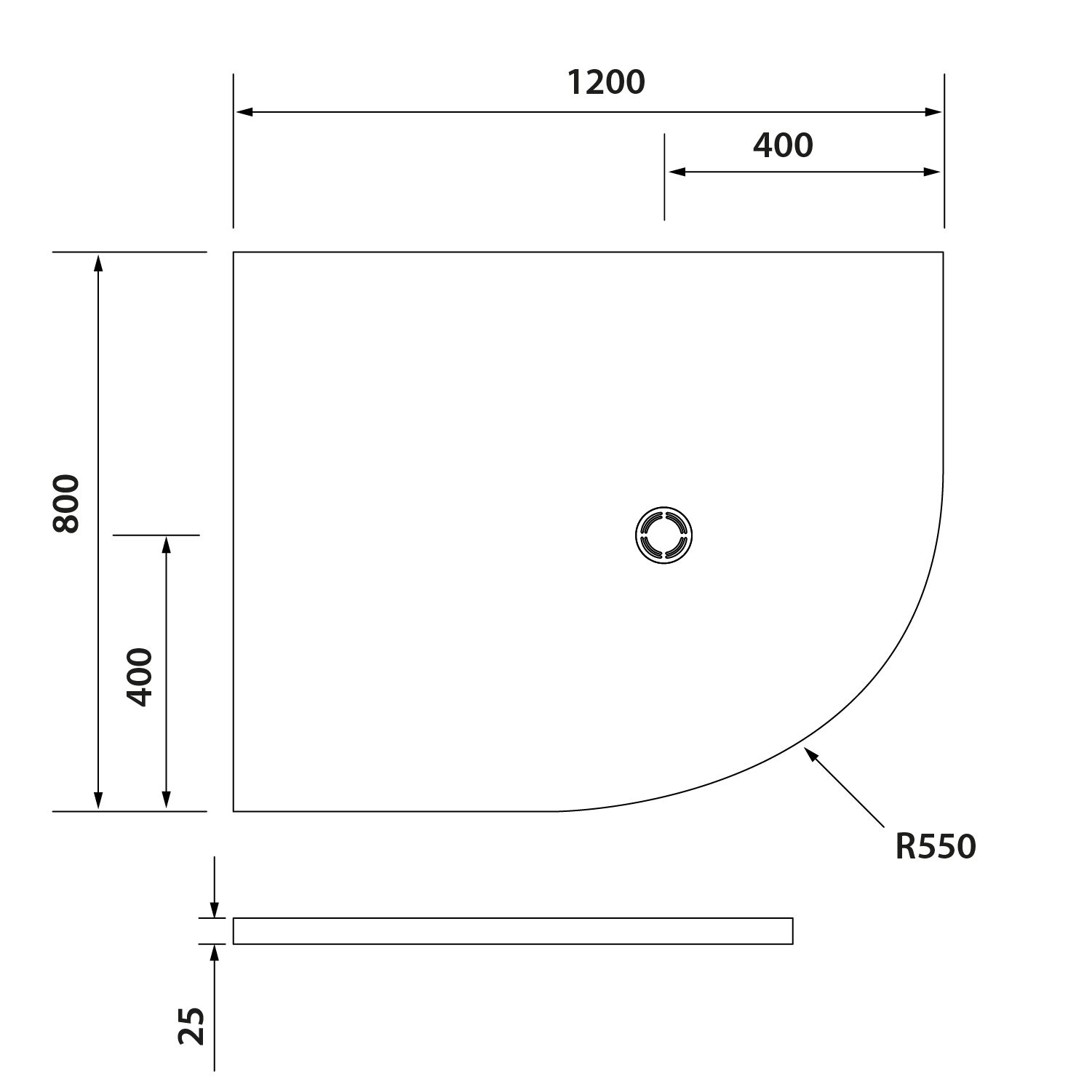 Polysan FLEXIA vanička z litého mramoru čtvrtkruh, s možností úpravy rozměru, 120x80cm, R550, levá, technický nákres