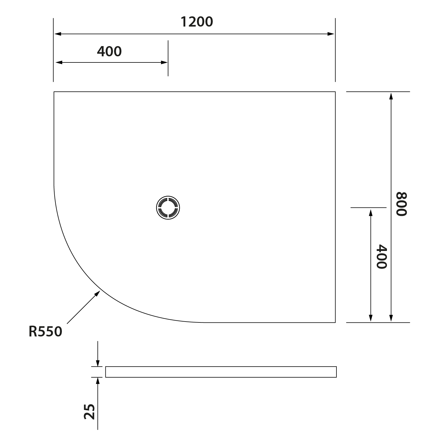 Polysan FLEXIA vanička z litého mramoru čtvrtkruh, s možností úpravy rozměru, 120x80cm, R550, pravá, technický nákres