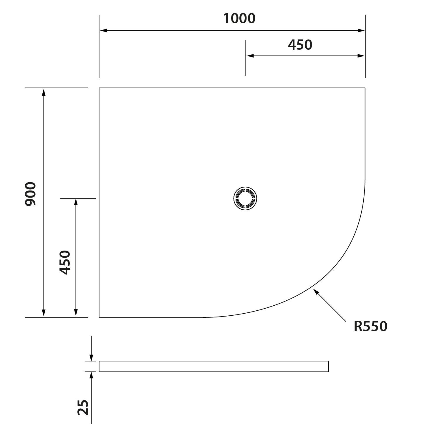 Polysan FLEXIA vanička z litého mramoru čtvrtkruh, s možností úpravy rozměru, 100x90cm, R550, levá, technický nákres