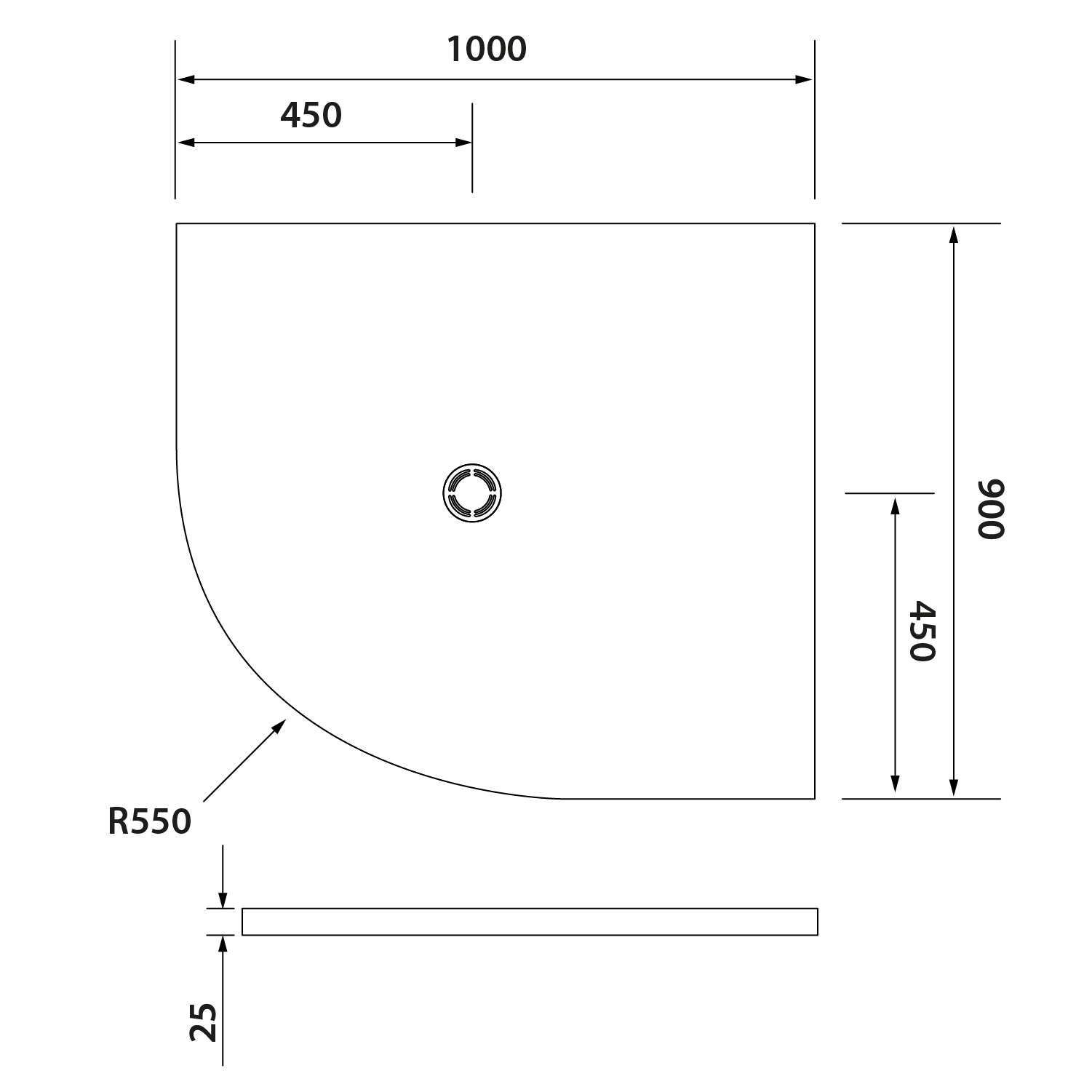 Polysan FLEXIA vanička z litého mramoru čtvrtkruh, s možností úpravy rozměru, 100x90cm, R550, pravá, technický nákres