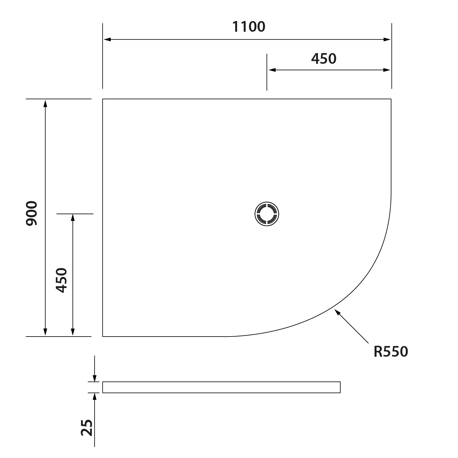 Polysan FLEXIA vanička z litého mramoru čtvrtkruh, s možností úpravy rozměru, 110x90cm, R550, levá, technický nákres
