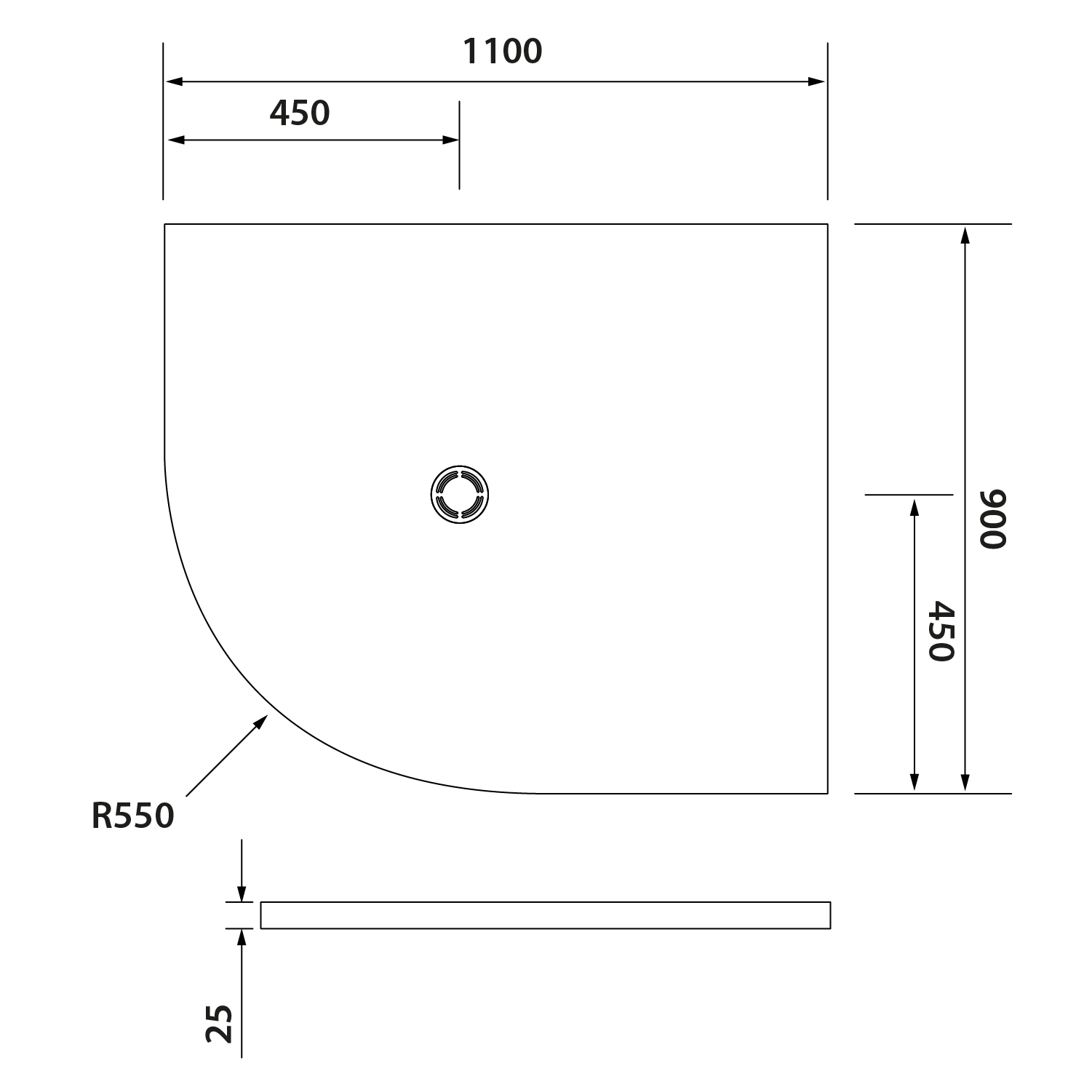 Polysan FLEXIA vanička z litého mramoru čtvrtkruh, s možností úpravy rozměru, 110x90cm, R550, pravá, technický nákres
