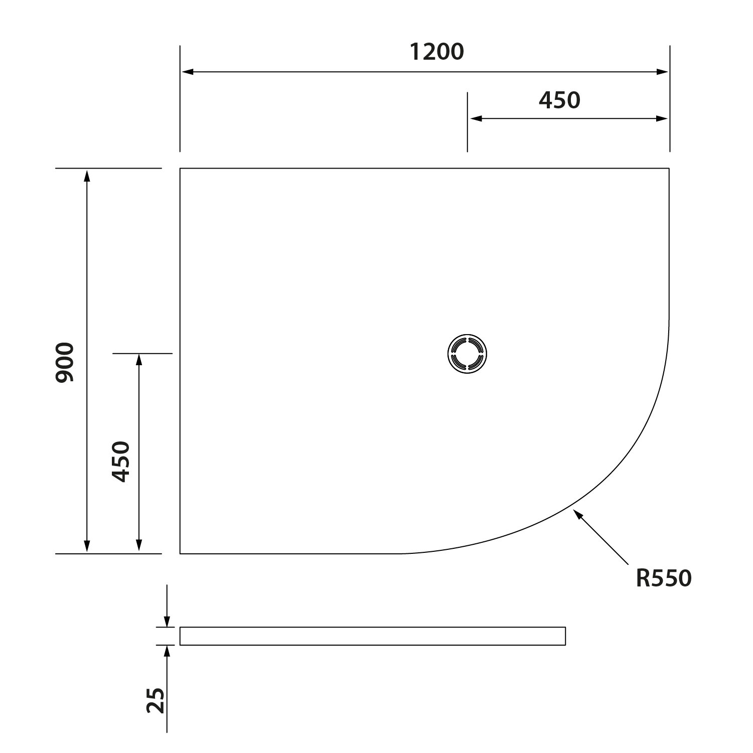 Polysan FLEXIA vanička z litého mramoru čtvrtkruh, s možností úpravy rozměru, 120x90cm, R550, levá, technický nákres