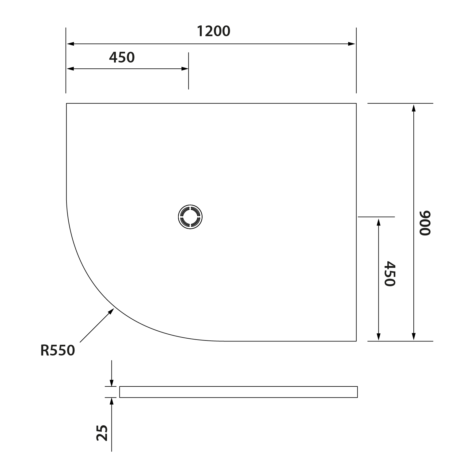 Polysan FLEXIA vanička z litého mramoru čtvrtkruh, s možností úpravy rozměru, 120x90cm, R550, pravá, technický nákres