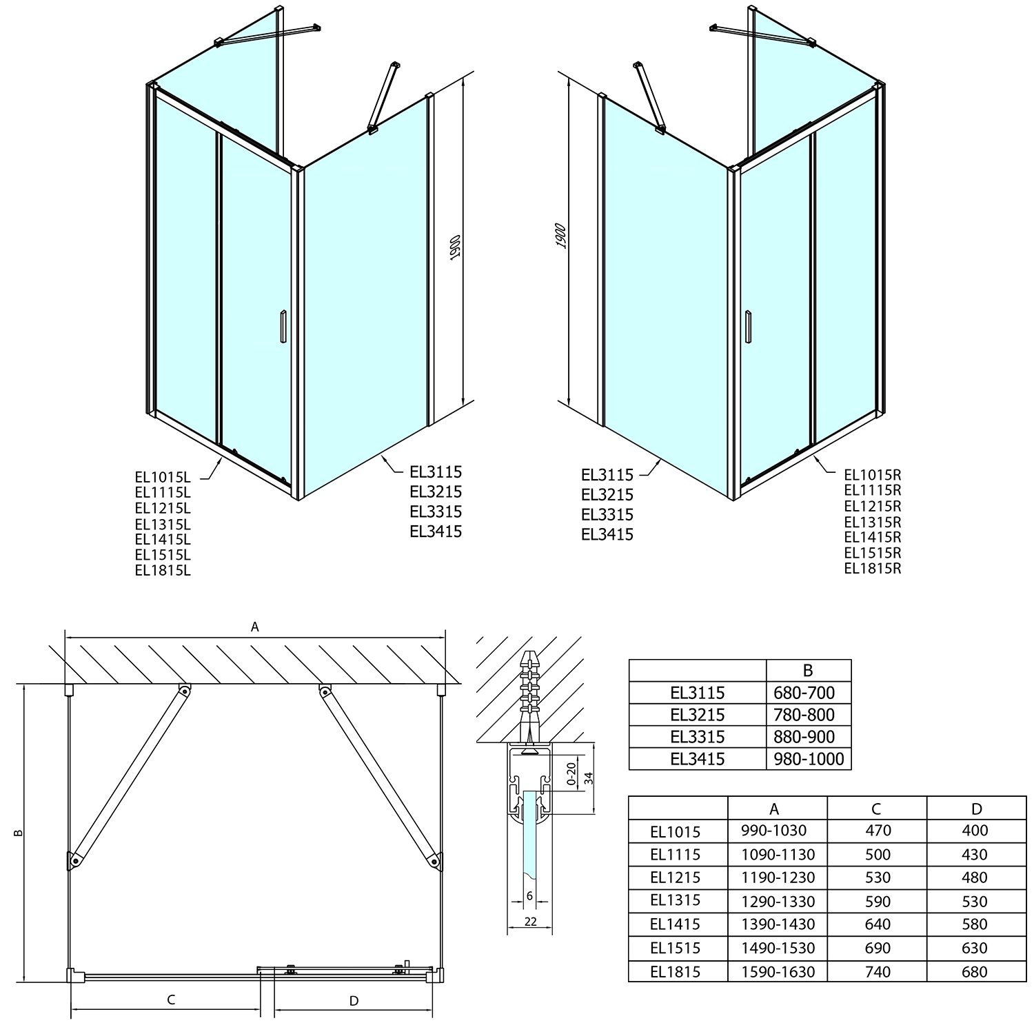 Polysan EASY třístěnný sprchový kout 1200x900mm, L/P varianta, čiré sklo, technický nákres