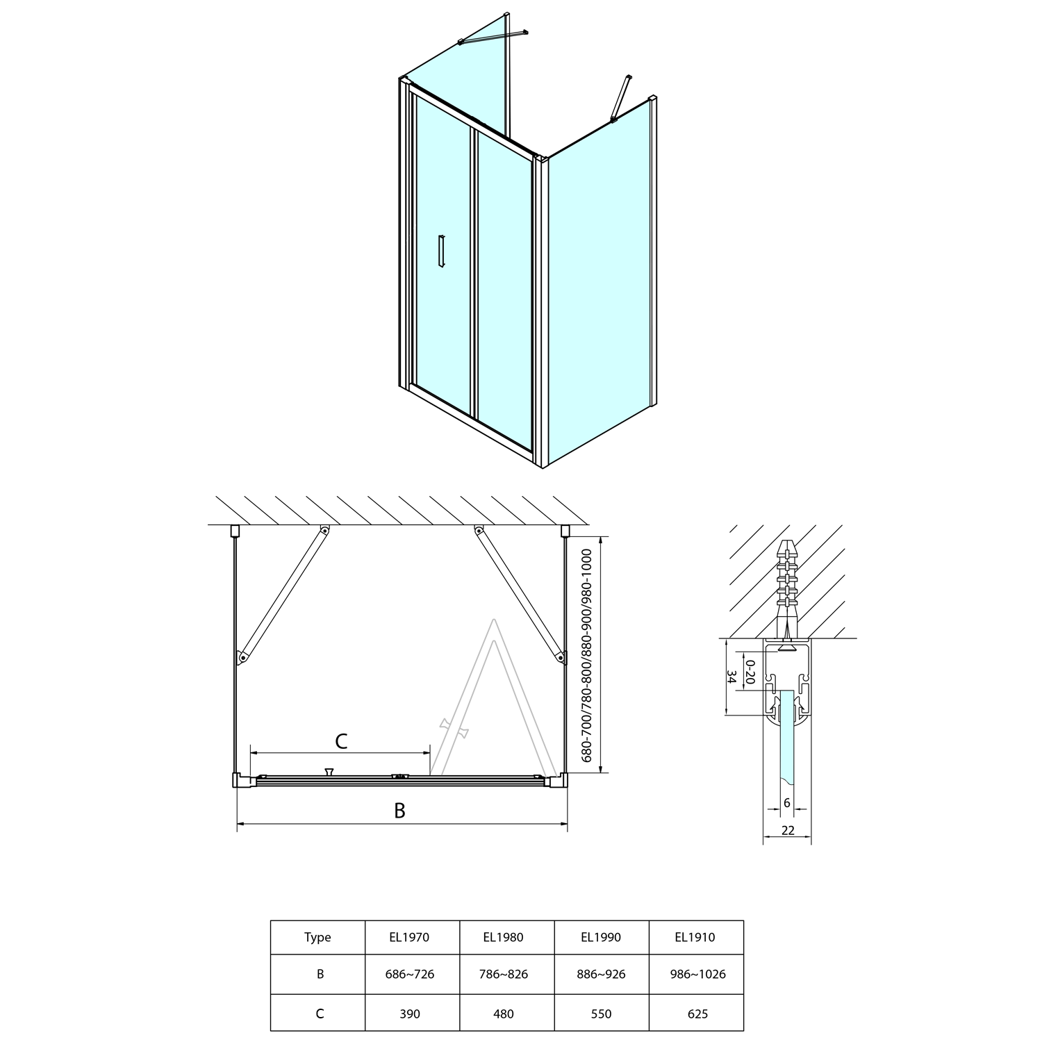 Polysan EASY třístěnný sprchový kout 800x800mm, skládací dveře, L/P varianta, čiré sklo, technický nákres