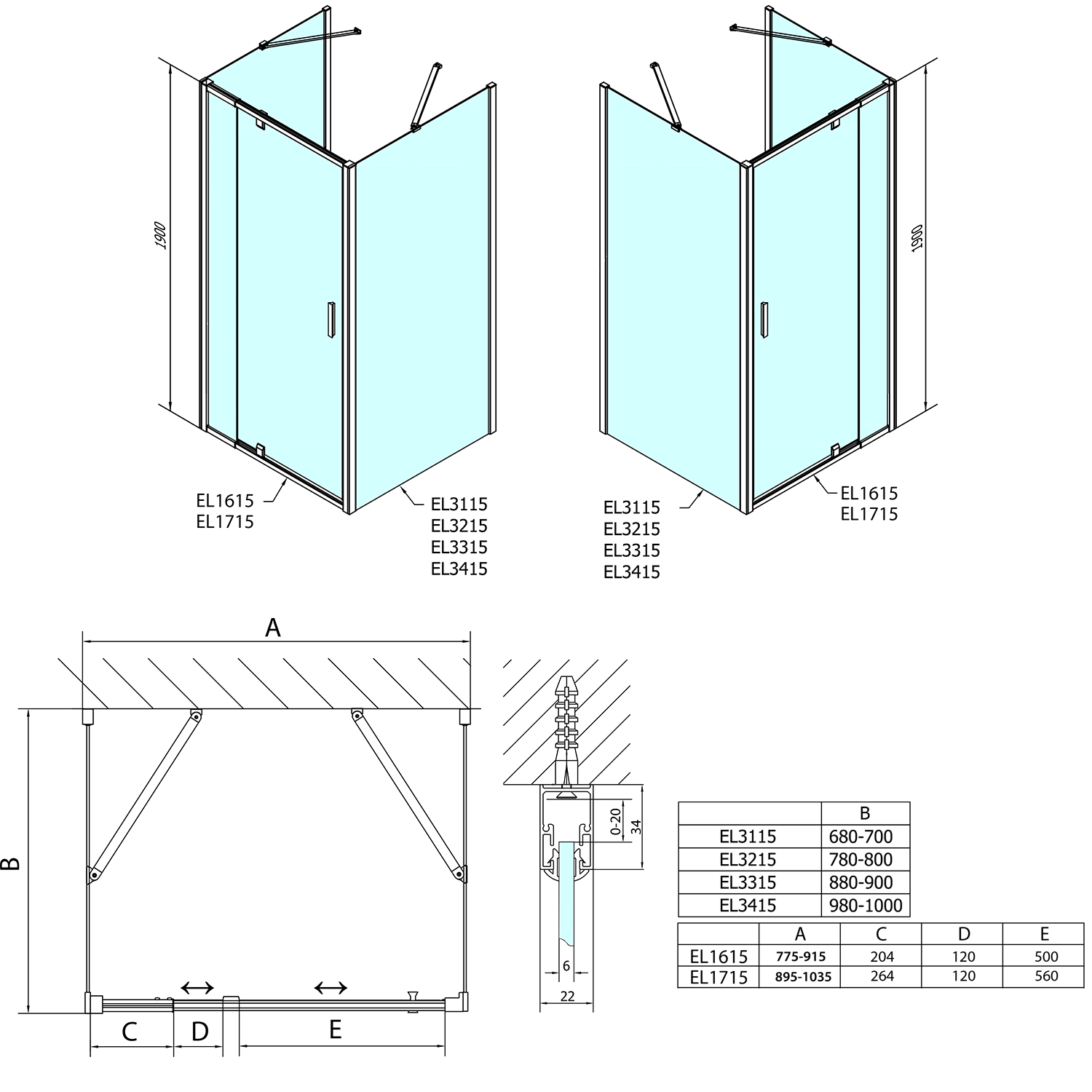 Polysan EASY třístěnný sprchový kout 800-900x800mm, pivot dveře, L/P varianta, čiré sklo, technický nákres