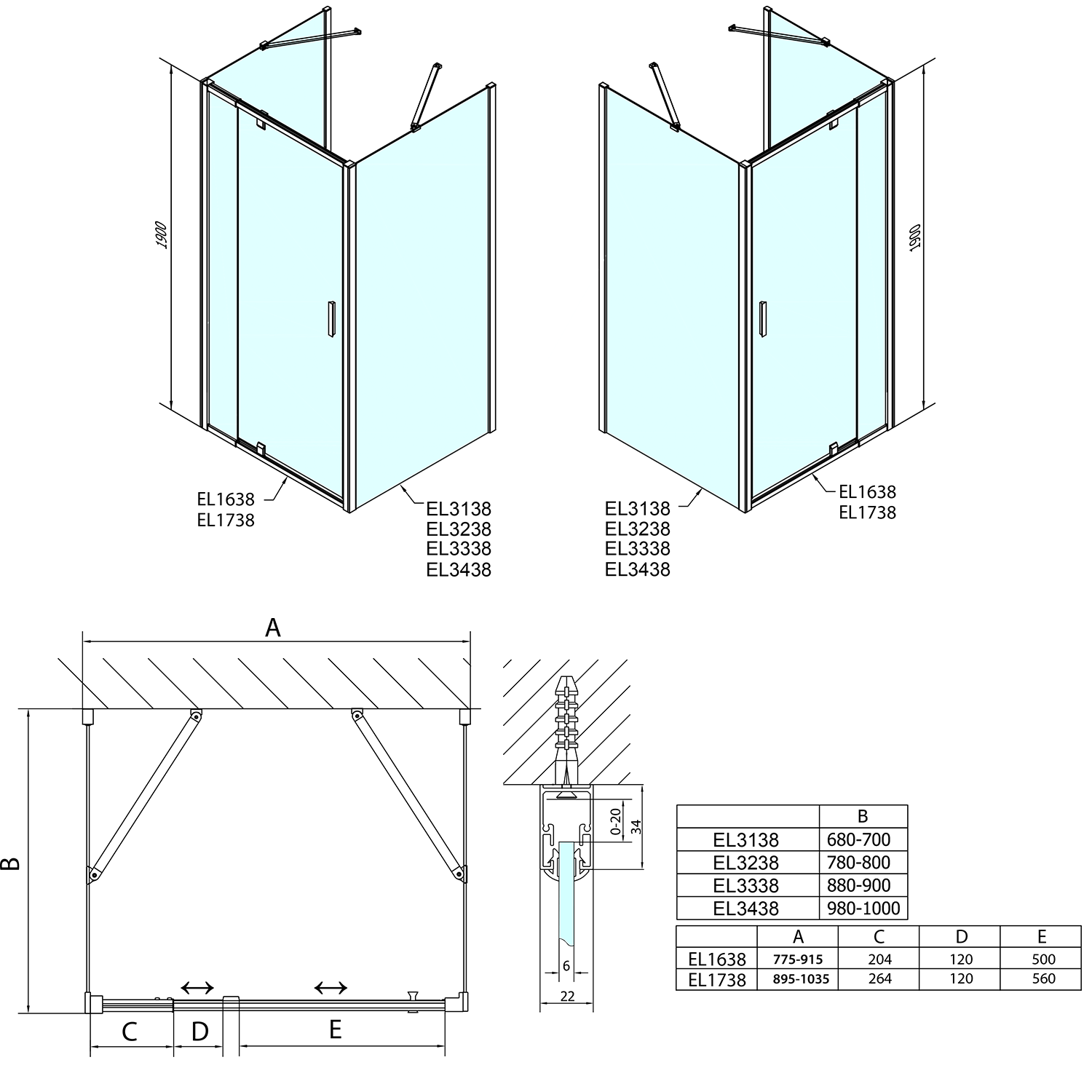 Polysan EASY třístěnný sprchový kout 800-900x700mm, pivot dveře, L/P varianta, sklo Brick, technický nákres