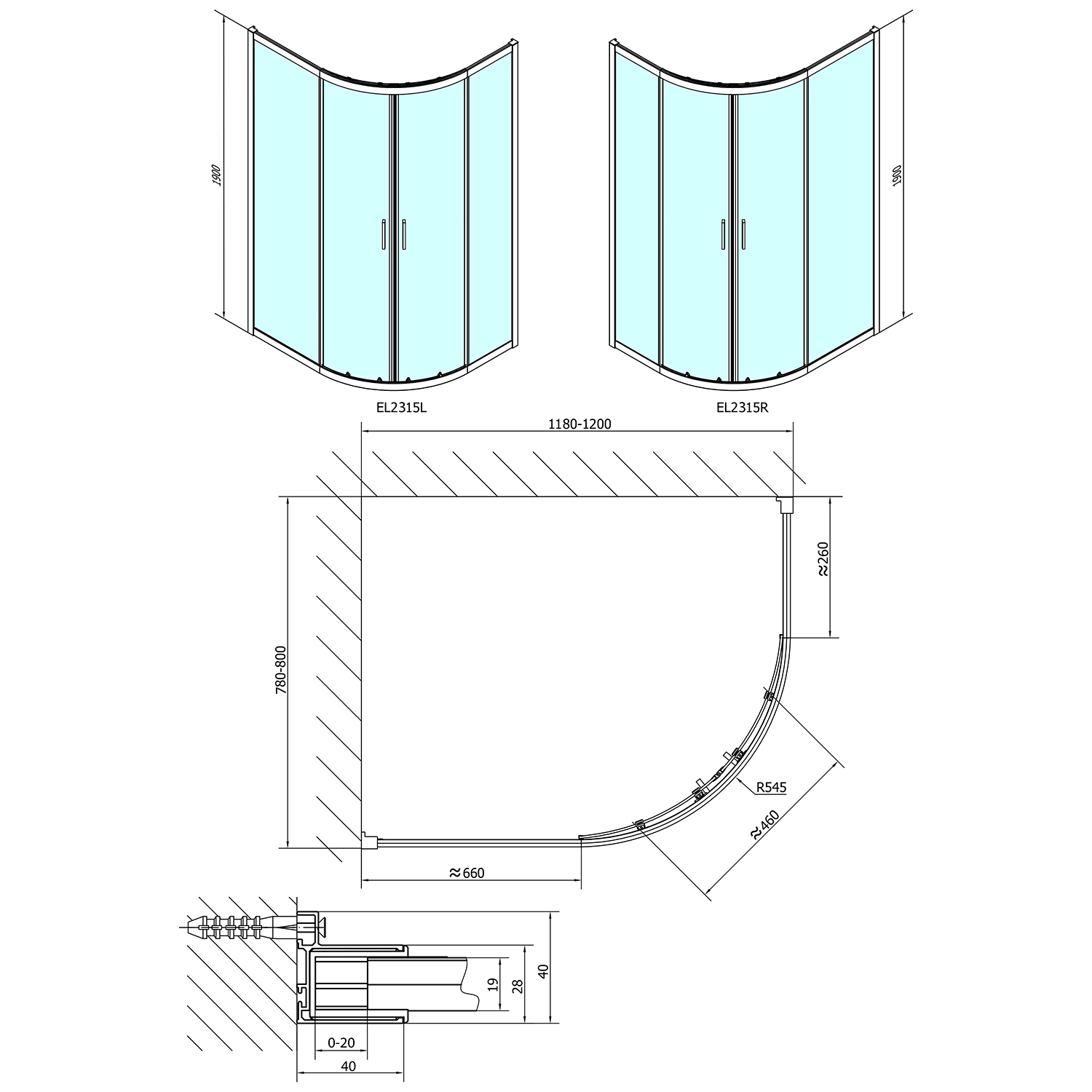 Polysan EASY čtvrtkruhová sprchová zástěna 1200x800mm, L/R, čiré sklo, technický nákres