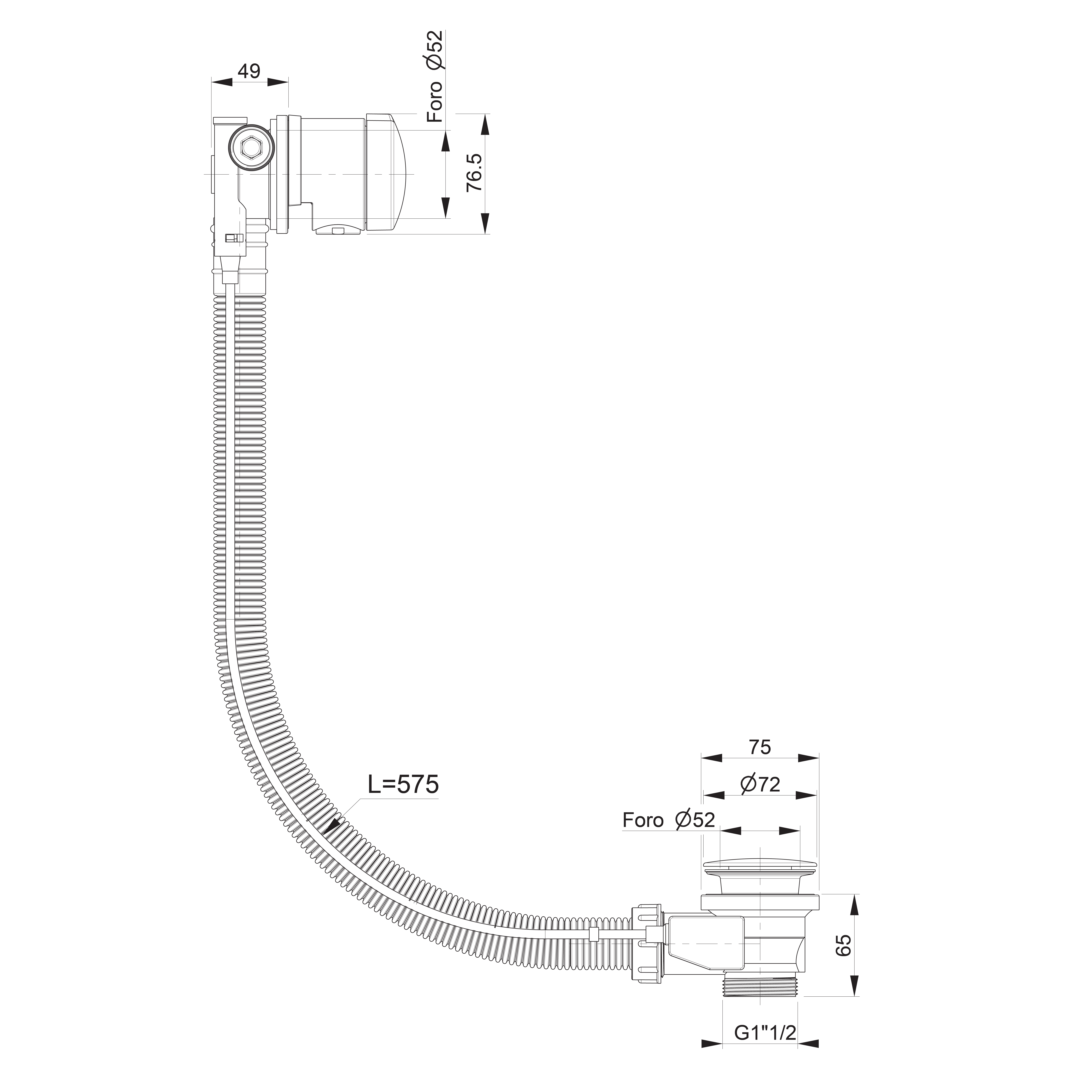 Polysan Vanová souprava s napouštěním, bovden, délka 575mm, zátka 72mm, zlato, technický nákres