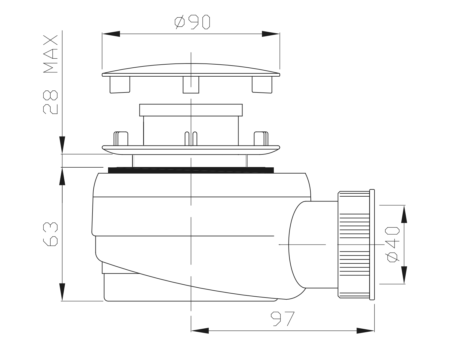 Polysan Vaničkový sifon, průměr 60mm, DN40, krytka chrom, technický nákres