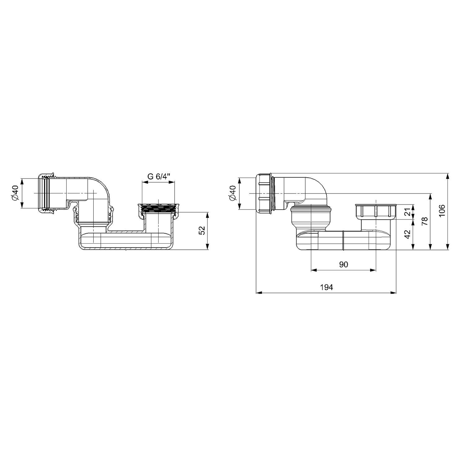 Polysan Sifon 6/4", DN40, technický nákres