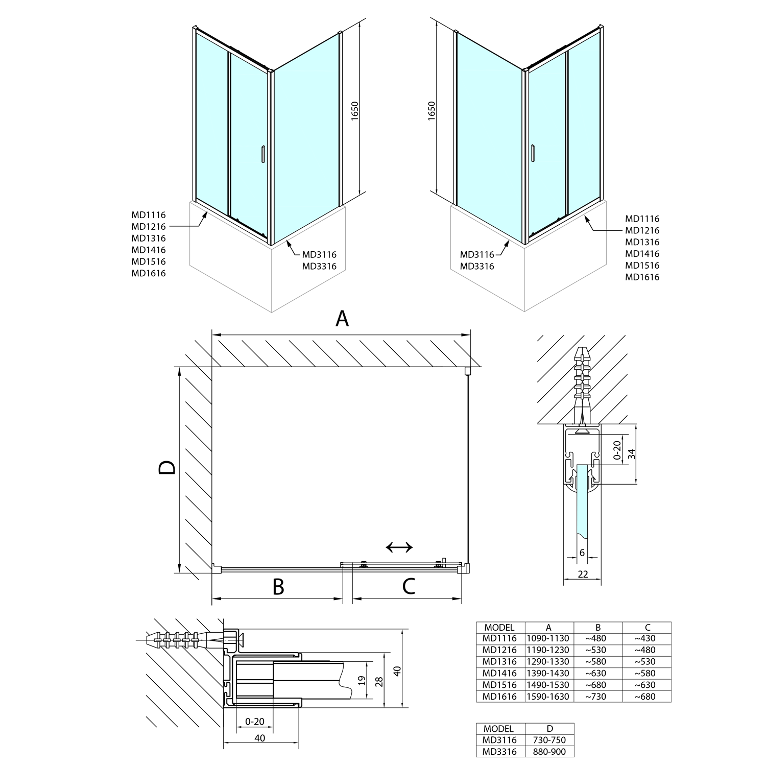 Polysan DEEP obdélníkový sprchový kout 1600x750mm L/P varianta, čiré sklo, technický nákres