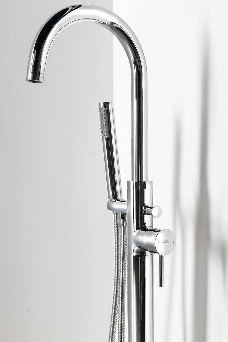 Aqualine CETO vanová baterie s připojením do podlahy, chrom, detail výtoku a ruční sprchy