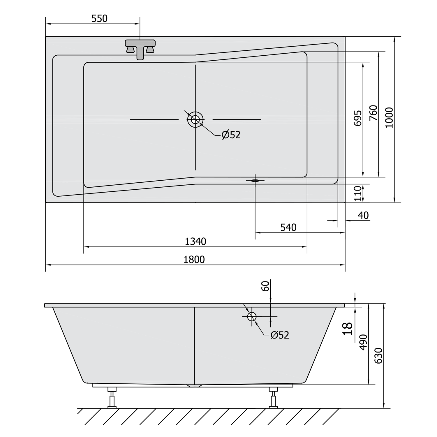 Polysan QUEST SLIM obdélníková vana 180x100x49cm, bílá, technický nákres