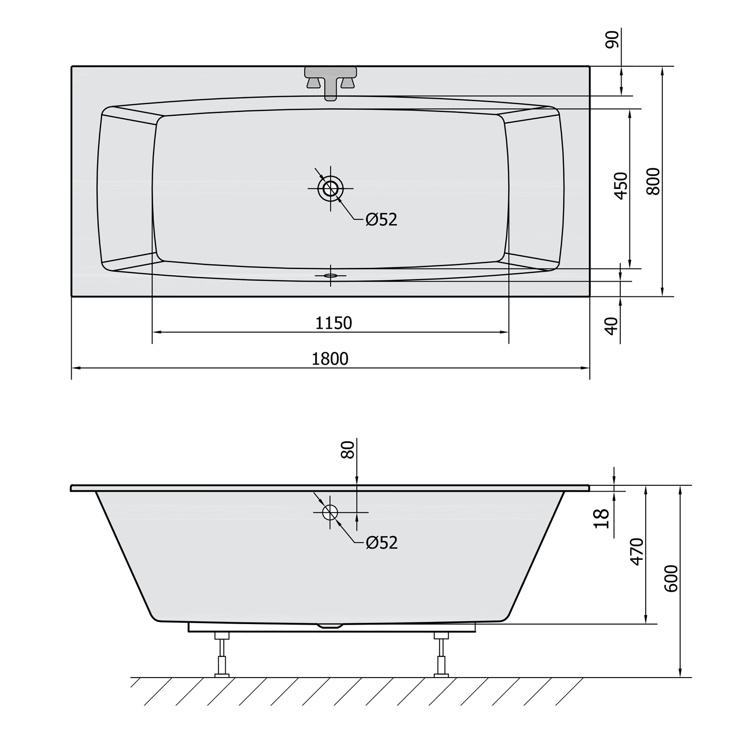 Polysan KVADRA SLIM obdélníková vana 180x80x47cm, bílá, technický nákres