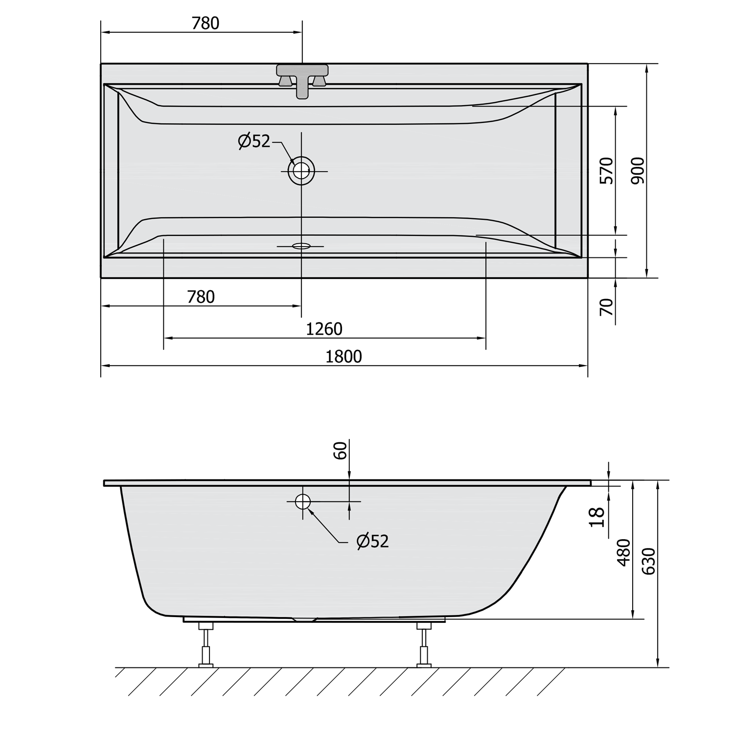 Polysan CLEO SLIM obdélníková vana 180x90x48cm, bílá, technický nákres