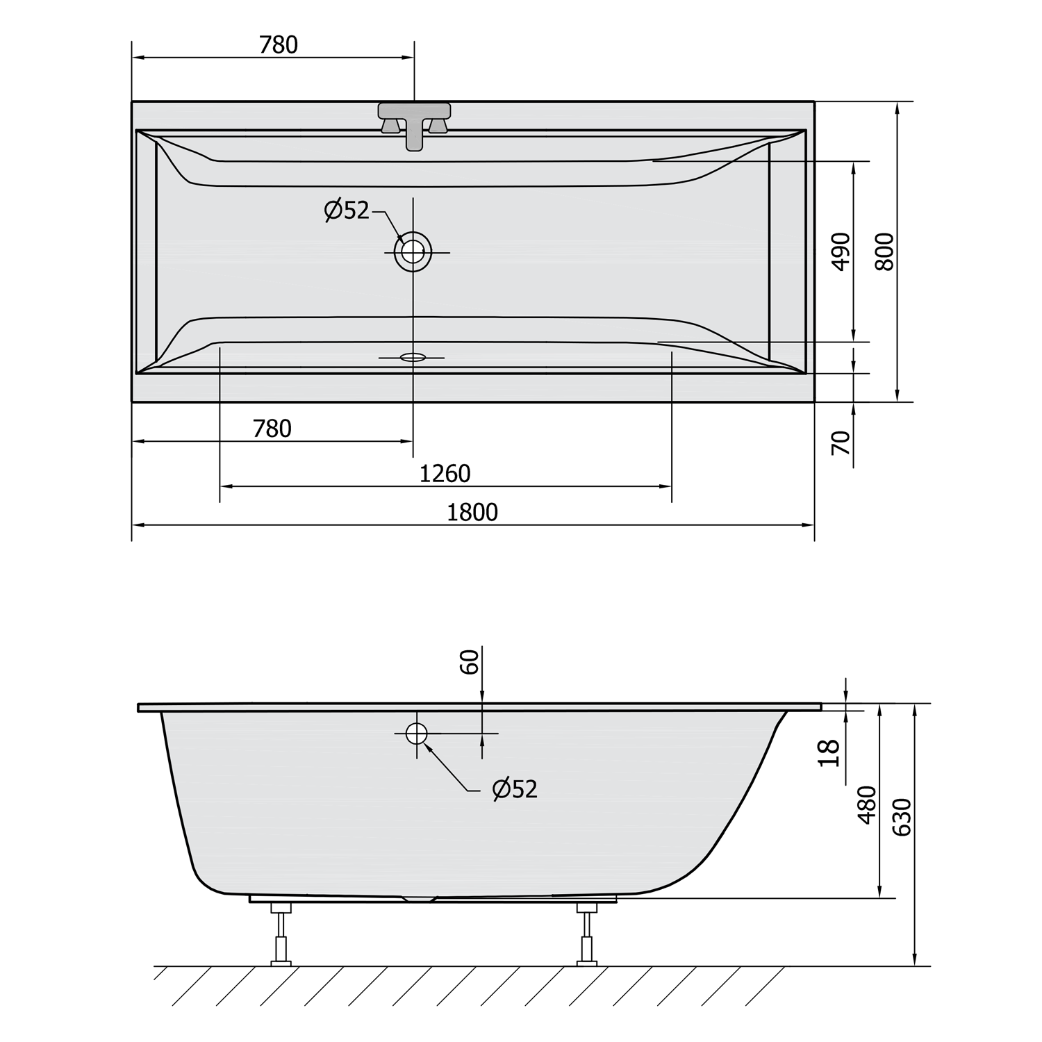 Polysan CLEO SLIM obdélníková vana 180x80x48cm, bílá, technický nákres