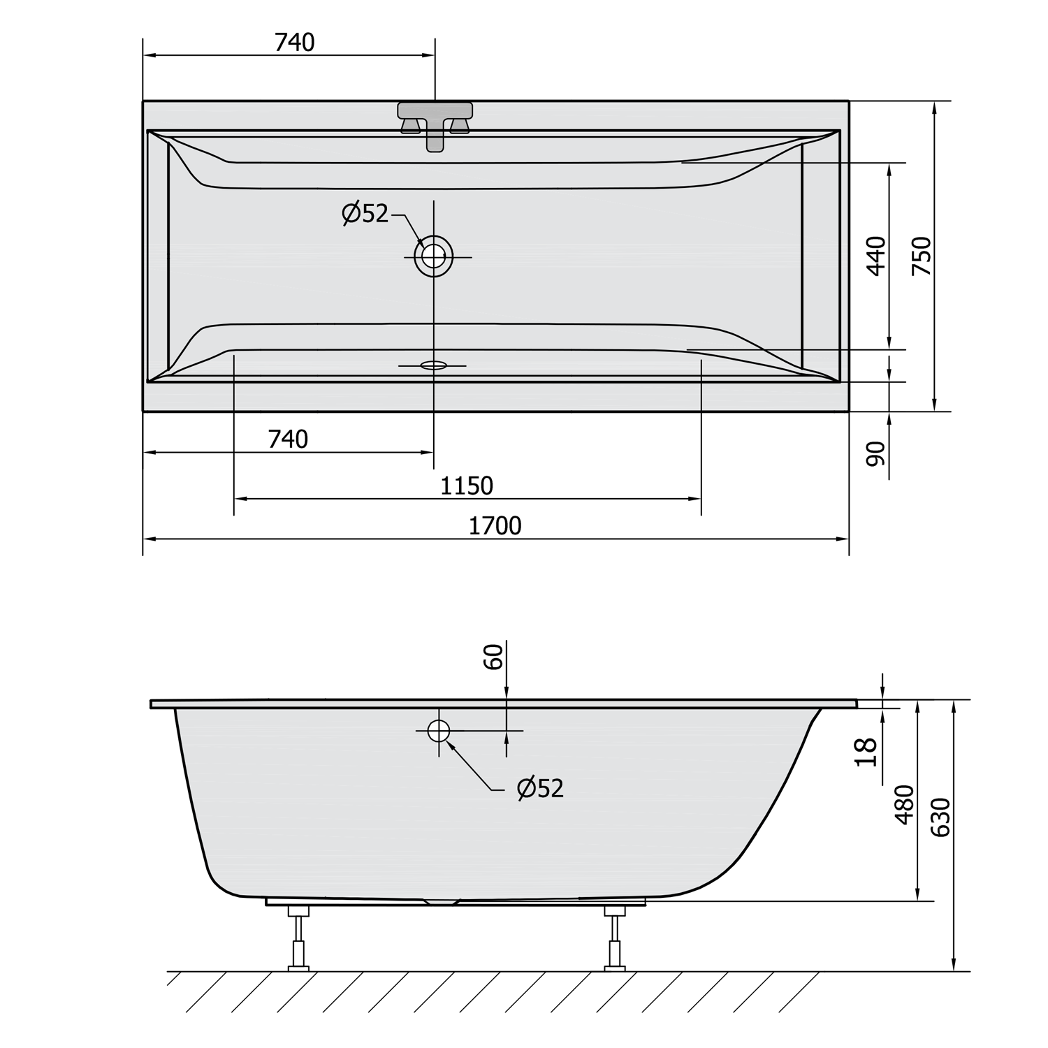 Polysan CLEO SLIM obdélníková vana 170x75x48cm, bílá, technický nákres