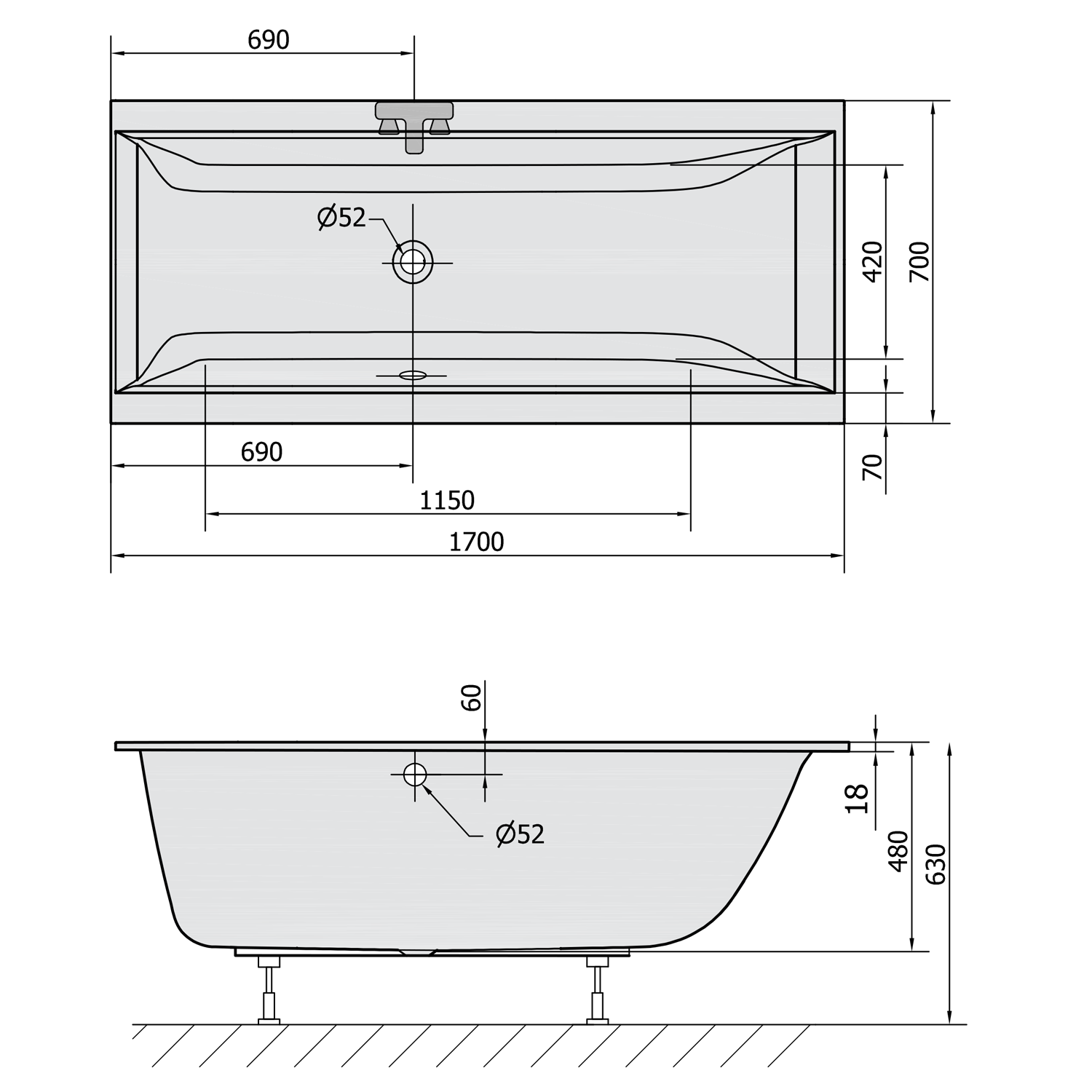 Polysan CLEO SLIM obdélníková vana 170x70x48cm, bílá, technický nákres