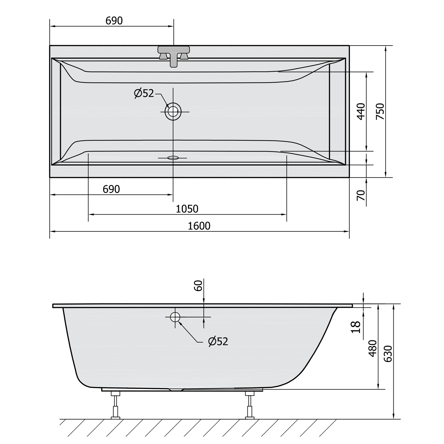 Polysan CLEO SLIM obdélníková vana 160x75x48cm, bílá, technický nákres