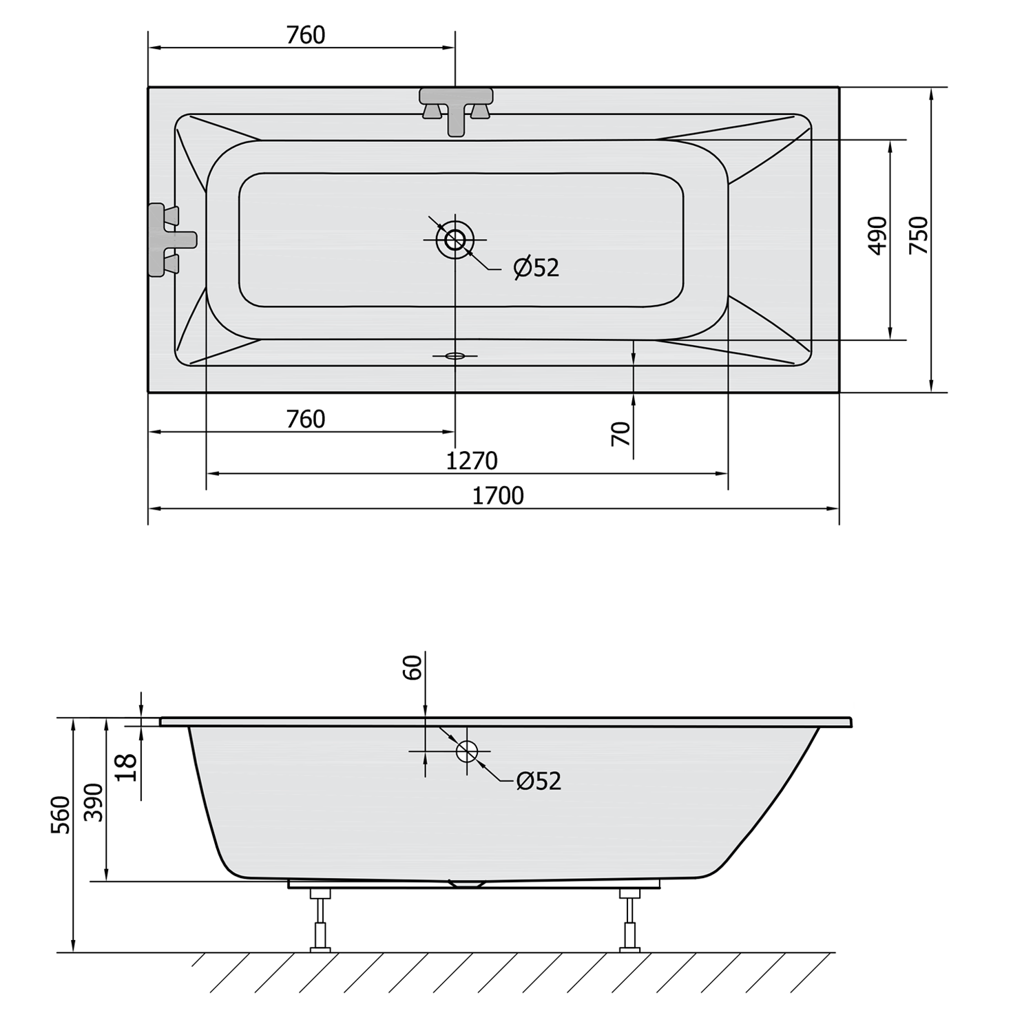 Polysan MIMOA SLIM obdélníková vana 170x75x39cm, bílá, technický nákres