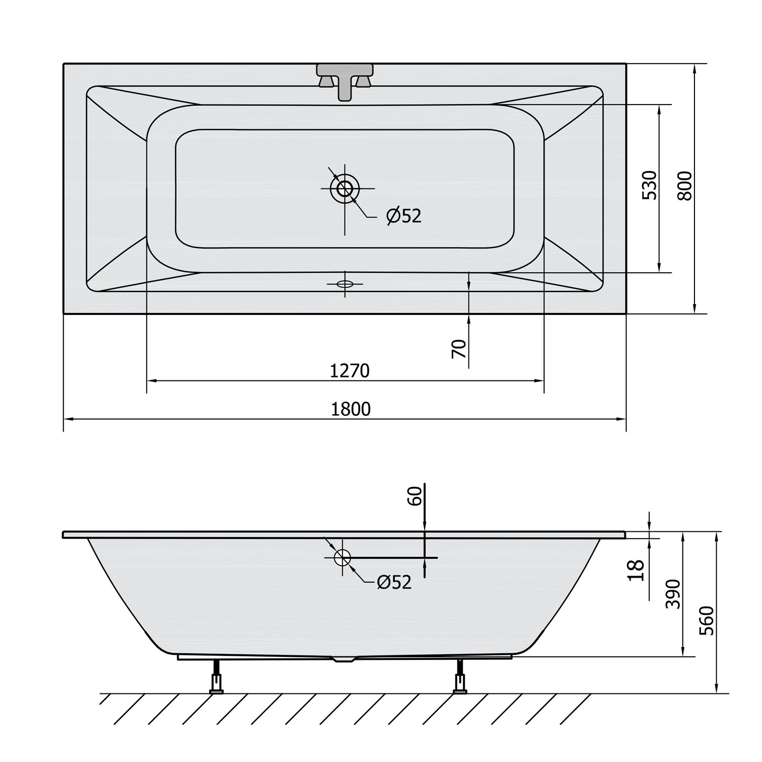 Polysan KRYSTA SLIM obdélníková vana 180x80x39cm, bílá, technický nákres