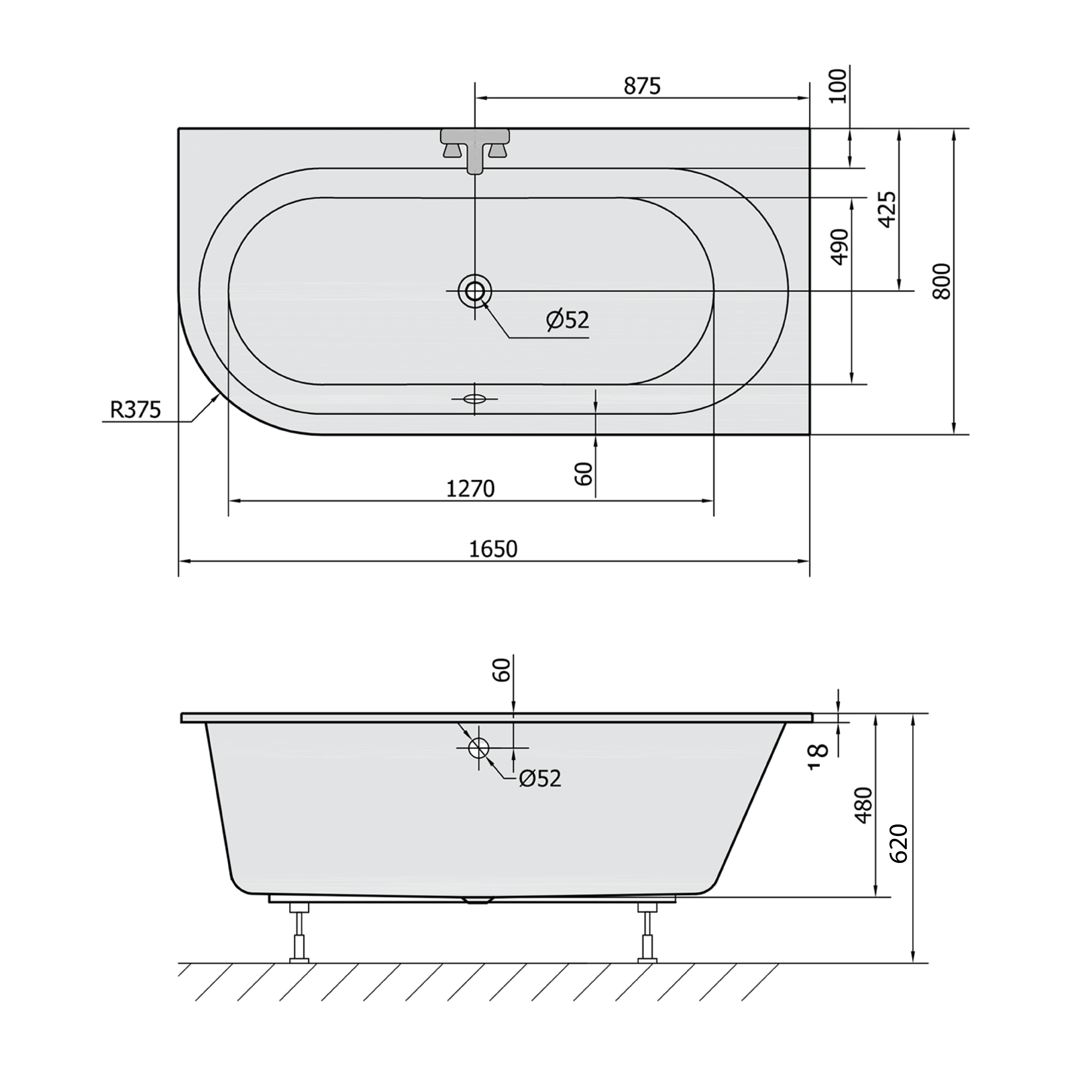 Polysan ASTRA R SLIM asymetrická vana 165x80x48cm, bílá, technický nákres