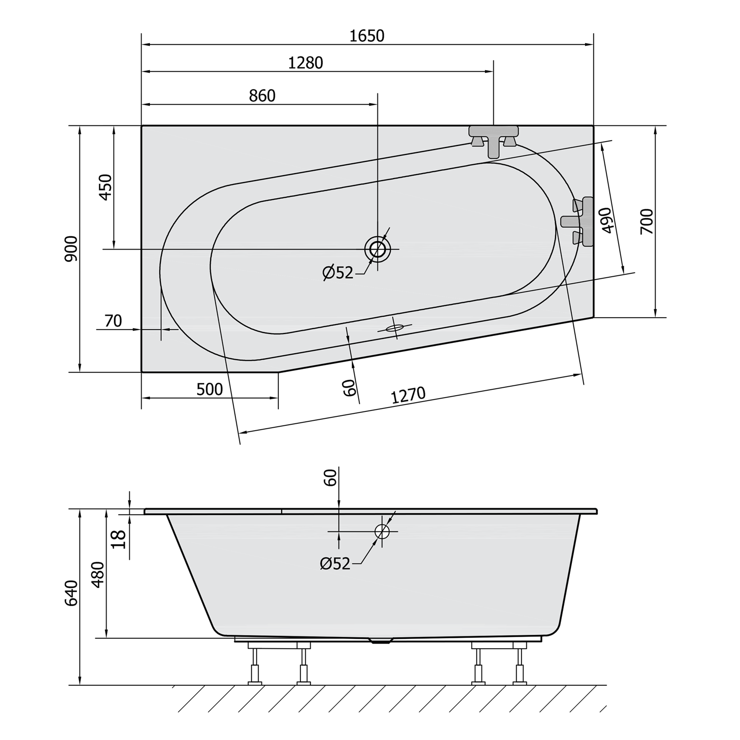 Polysan ASTRA WL SLIM asymetrická vana 165x90x48cm, bílá, technický nákres