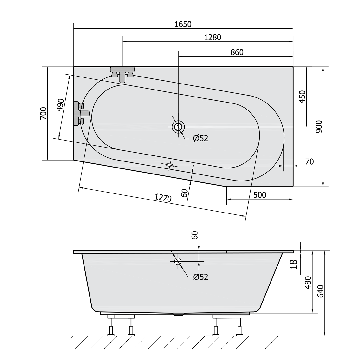 Polysan ASTRA WR SLIM asymetrická vana 165x90x48cm, bílá, technický nákres