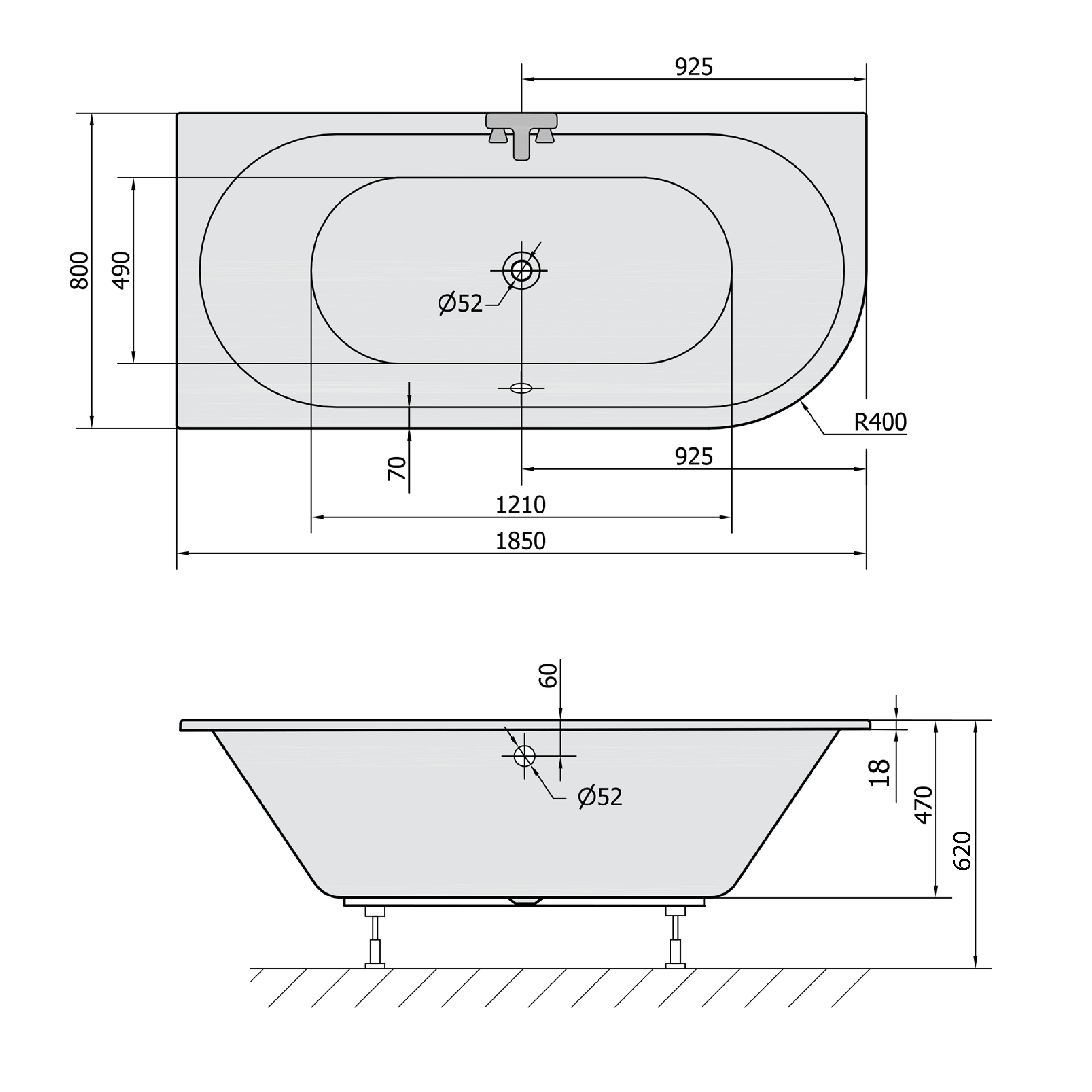 Polysan VIVA L SLIM asymetrická vana 185x80x47cm, bílá, technický nákres
