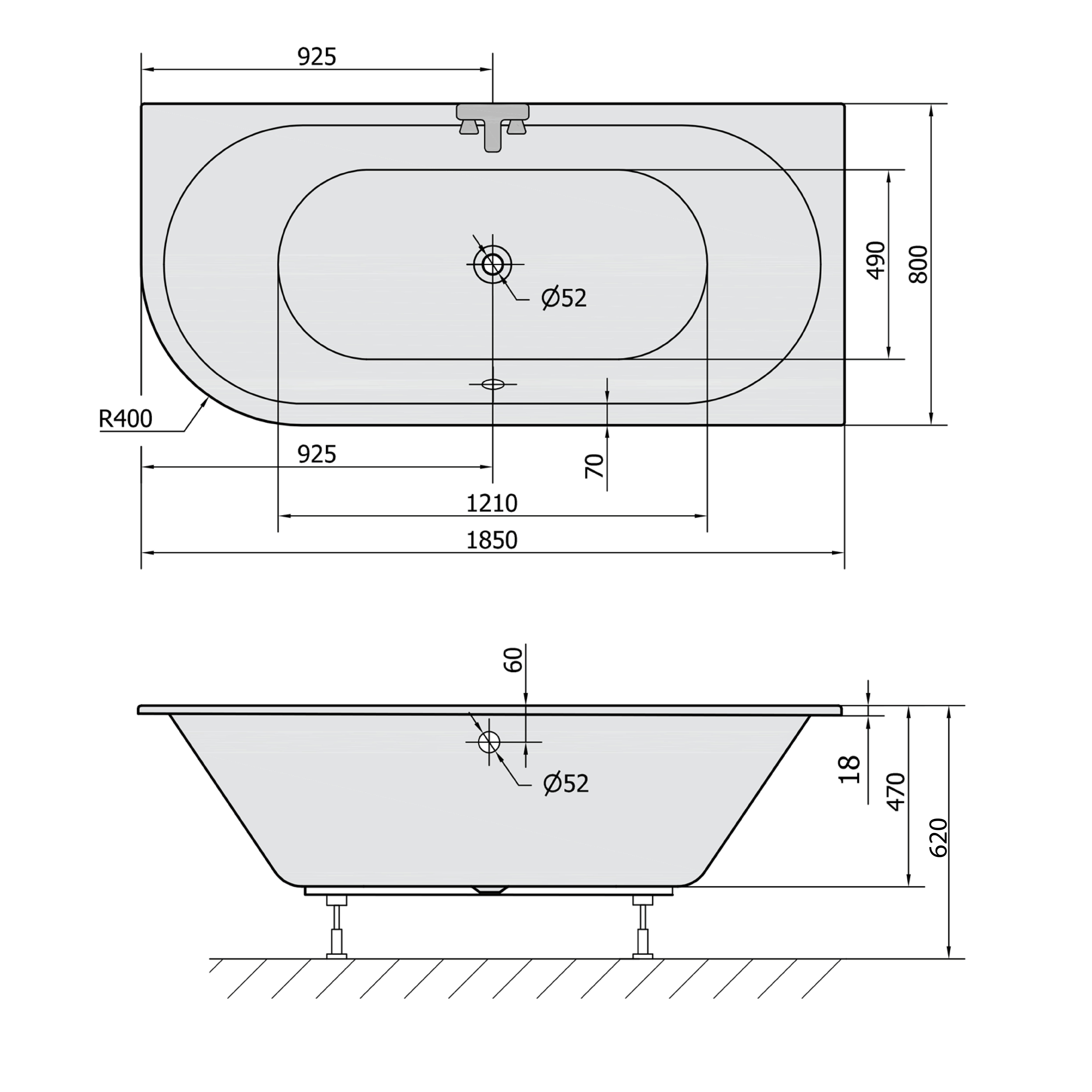 Polysan VIVA R SLIM asymetrická vana 185x80x47cm, bílá, technický nákres
