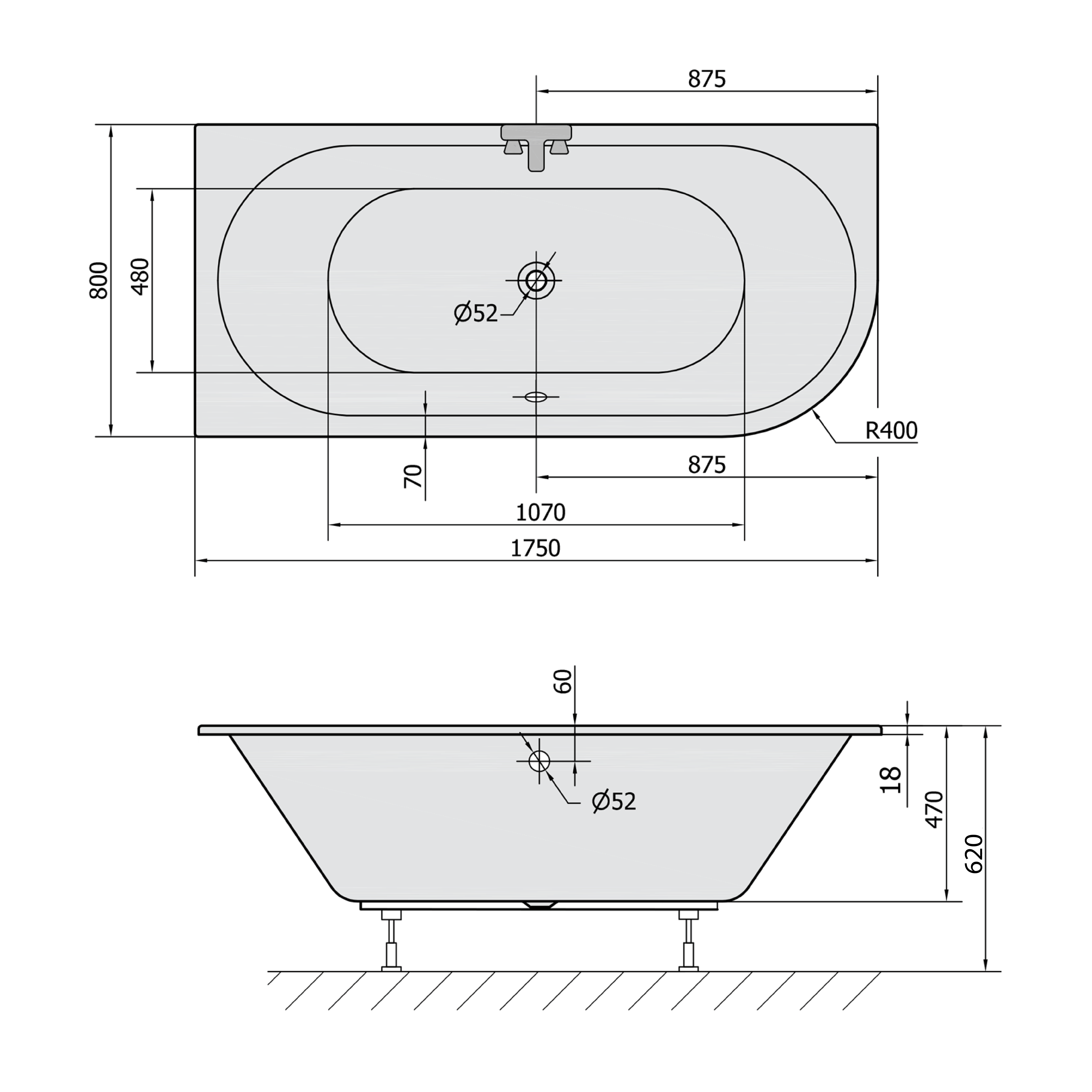 Polysan VIVA L SLIM asymetrická vana 175x80x47cm, bílá, technický nákres